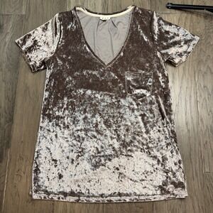 POL Velvet‎ Pocket T Shirt Women Medium Brown V Neck Short Sleeve Top